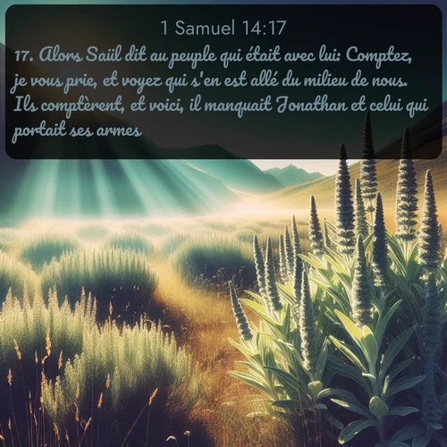Segond 1 Samuel  ; image nature: image avec le verset biblique :Alors Saül dit au peuple qui était avec lui: Comptez, je vous prie, et voyez qui s&#039;en est allé du milieu de nous. Ils comptèrent, et voici, il manquait Jonathan et celui qui portait ses armes. ;  ; 14:17