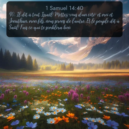 Segond 1 Samuel  ; image nature: image avec le verset biblique :Il dit à tout Israël: Mettez-vous d&#039;un côté; et moi et Jonathan, mon fils, nous serons de l&#039;autre. Et le peuple dit à Saül: Fais ce qui te semblera bon. ;  ; 14:40