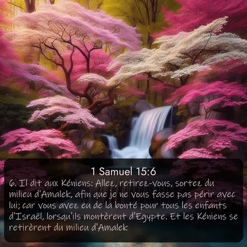 Segond 1 Samuel  ; image nature: image avec le verset biblique :Il dit aux Kéniens: Allez, retirez-vous, sortez du milieu d&#039;Amalek, afin que je ne vous fasse pas périr avec lui; car vous avez eu de la bonté pour tous les enfants d&#039;Israël, lorsqu&#039;ils montèrent d&#039;Egypte. Et les Kéniens se retirèrent du milieu d&#039;Amalek. ;  ; 15:6