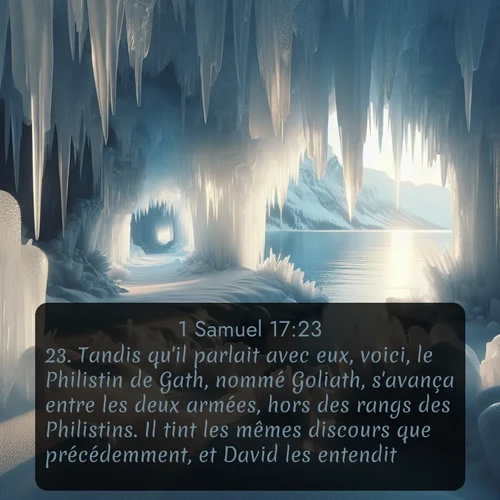 Segond 1 Samuel  ; image nature: image avec le verset biblique :Tandis qu&#039;il parlait avec eux, voici, le Philistin de Gath, nommé Goliath, s&#039;avança entre les deux armées, hors des rangs des Philistins. Il tint les mêmes discours que précédemment, et David les entendit. ;  ; 17:23