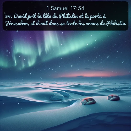 Segond 1 Samuel  ; image nature: image avec le verset biblique :David prit la tête du Philistin et la porta à Jérusalem, et il mit dans sa tente les armes du Philistin. ;  ; 17:54