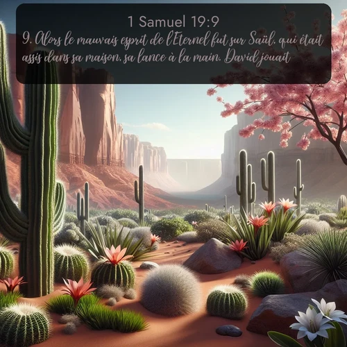 Segond 1 Samuel  ; image nature: image avec le verset biblique :Alors le mauvais esprit de l&#039;Eternel fut sur Saül, qui était assis dans sa maison, sa lance à la main. David jouait, ;  ; 19:9