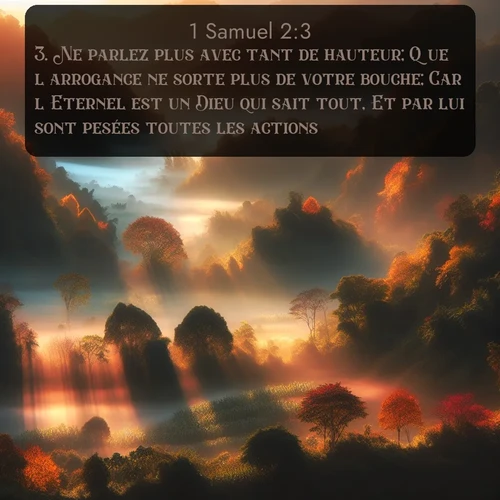 Segond 1 Samuel  ; image nature: image avec le verset biblique :Ne parlez plus avec tant de hauteur; Que l&#039;arrogance ne sorte plus de votre bouche; Car l&#039;Eternel est un Dieu qui sait tout, Et par lui sont pesées toutes les actions. ;  ; 2:3