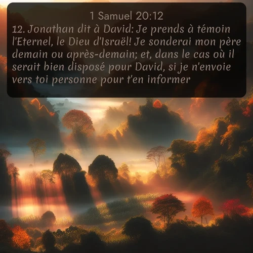 Segond 1 Samuel  ; image nature: image avec le verset biblique :Jonathan dit à David: Je prends à témoin l&#039;Eternel, le Dieu d&#039;Israël! Je sonderai mon père demain ou après-demain; et, dans le cas où il serait bien disposé pour David, si je n&#039;envoie vers toi personne pour t&#039;en informer, ;  ; 20:12