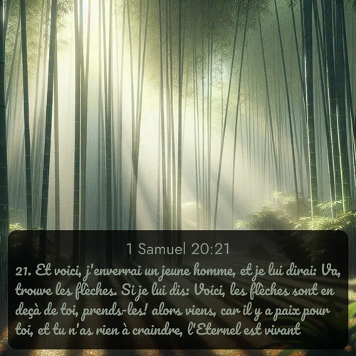 Segond 1 Samuel  ; image nature: image avec le verset biblique :Et voici, j&#039;enverrai un jeune homme, et je lui dirai: Va, trouve les flèches. Si je lui dis: Voici, les flèches sont en deçà de toi, prends-les! alors viens, car il y a paix pour toi, et tu n&#039;as rien à craindre, l&#039;Eternel est vivant! ;  ; 20:21