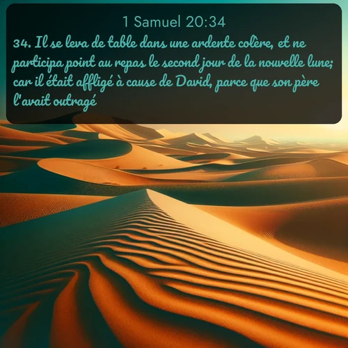 Segond 1 Samuel  ; image nature: image avec le verset biblique :Il se leva de table dans une ardente colère, et ne participa point au repas le second jour de la nouvelle lune; car il était affligé à cause de David, parce que son père l&#039;avait outragé. ;  ; 20:34