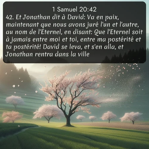 Segond 1 Samuel  ; image nature: image avec le verset biblique :Et Jonathan dit à David: Va en paix, maintenant que nous avons juré l&#039;un et l&#039;autre, au nom de l&#039;Eternel, en disant: Que l&#039;Eternel soit à jamais entre moi et toi, entre ma postérité et ta postérité! David se leva, et s&#039;en alla, et Jonathan rentra dans la ville. ;  ; 20:42