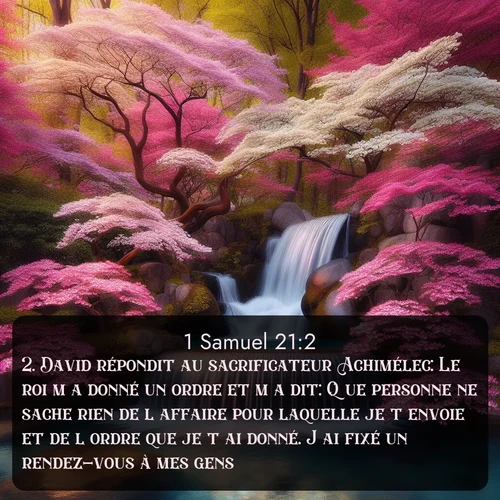 Segond 1 Samuel  ; image nature: image avec le verset biblique :David répondit au sacrificateur Achimélec: Le roi m&#039;a donné un ordre et m&#039;a dit: Que personne ne sache rien de l&#039;affaire pour laquelle je t&#039;envoie et de l&#039;ordre que je t&#039;ai donné. J&#039;ai fixé un rendez-vous à mes gens. ;  ; 21:2