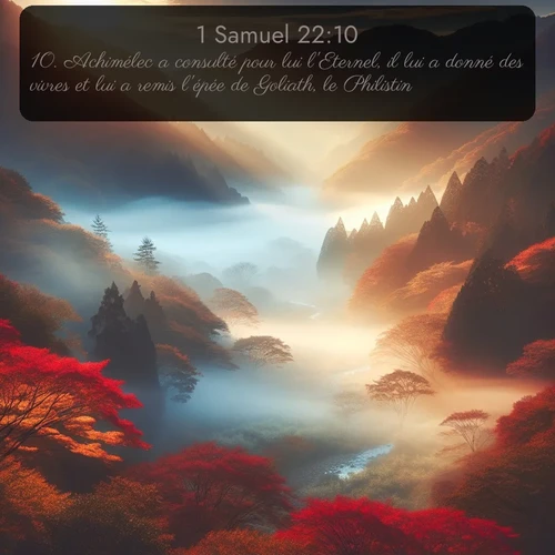 Segond 1 Samuel  ; image nature: image avec le verset biblique :Achimélec a consulté pour lui l&#039;Eternel, il lui a donné des vivres et lui a remis l&#039;épée de Goliath, le Philistin. ;  ; 22:10