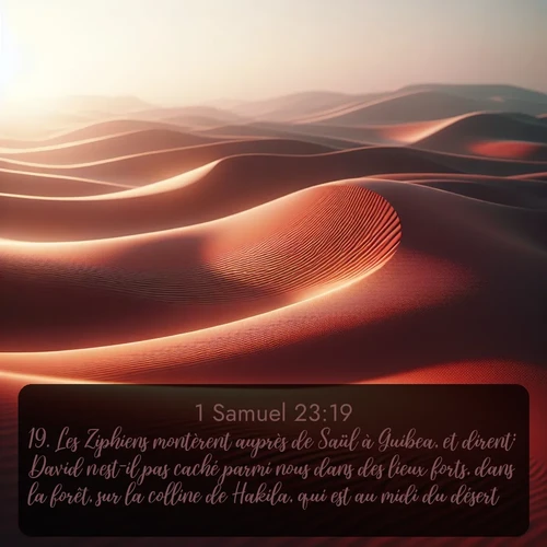 Segond 1 Samuel  ; image nature: image avec le verset biblique :Les Ziphiens montèrent auprès de Saül à Guibea, et dirent: David n&#039;est-il pas caché parmi nous dans des lieux forts, dans la forêt, sur la colline de Hakila, qui est au midi du désert? ;  ; 23:19