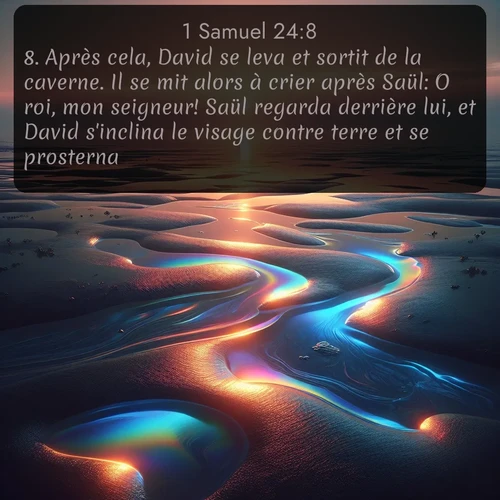 Segond 1 Samuel  ; image nature: image avec le verset biblique :Après cela, David se leva et sortit de la caverne. Il se mit alors à crier après Saül: O roi, mon seigneur! Saül regarda derrière lui, et David s&#039;inclina le visage contre terre et se prosterna. ;  ; 24:8