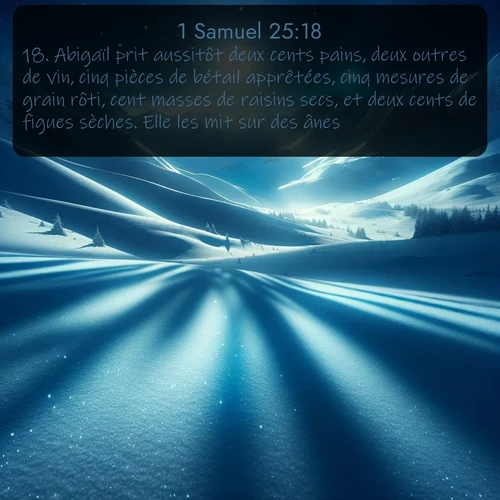 Segond 1 Samuel  ; image nature: image avec le verset biblique :Abigaïl prit aussitôt deux cents pains, deux outres de vin, cinq pièces de bétail apprêtées, cinq mesures de grain rôti, cent masses de raisins secs, et deux cents de figues sèches. Elle les mit sur des ânes, ;  ; 25:18