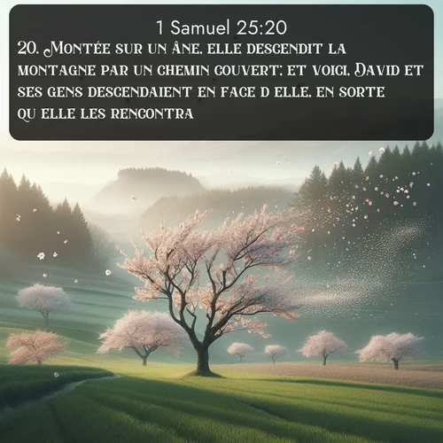 Segond 1 Samuel  ; image nature: image avec le verset biblique :Montée sur un âne, elle descendit la montagne par un chemin couvert; et voici, David et ses gens descendaient en face d&#039;elle, en sorte qu&#039;elle les rencontra. ;  ; 25:20