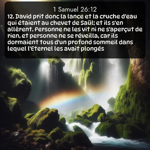 Segond 1 Samuel  ; image nature: image avec le verset biblique :David prit donc la lance et la cruche d&#039;eau qui étaient au chevet de Saül; et ils s&#039;en allèrent. Personne ne les vit ni ne s&#039;aperçut de rien, et personne ne se réveilla, car ils dormaient tous d&#039;un profond sommeil dans lequel l&#039;Eternel les avait plongés. ;  ; 26:12