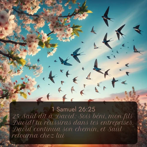 Segond 1 Samuel  ; image nature: image avec le verset biblique :Saül dit à David: Sois béni, mon fils David! tu réussiras dans tes entreprises. David continua son chemin, et Saül retourna chez lui. ;  ; 26:25