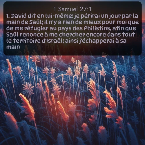 Segond 1 Samuel  ; image nature: image avec le verset biblique :David dit en lui-même: je périrai un jour par la main de Saül; il n&#039;y a rien de mieux pour moi que de me réfugier au pays des Philistins, afin que Saül renonce à me chercher encore dans tout le territoire d&#039;Israël; ainsi j&#039;échapperai à sa main. ;  ; 27:1