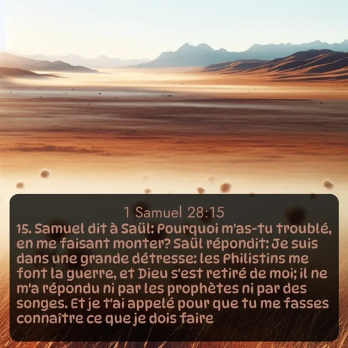 Segond 1 Samuel  ; image nature: image avec le verset biblique :Samuel dit à Saül: Pourquoi m&#039;as-tu troublé, en me faisant monter? Saül répondit: Je suis dans une grande détresse: les Philistins me font la guerre, et Dieu s&#039;est retiré de moi; il ne m&#039;a répondu ni par les prophètes ni par des songes. Et je t&#039;ai appelé pour que tu me fasses connaître ce que je dois faire. ;  ; 28:15