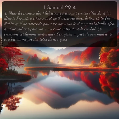 Segond 1 Samuel  ; image nature: image avec le verset biblique :Mais les princes des Philistins s&#039;irritèrent contre Akisch, et lui dirent: Renvoie cet homme, et qu&#039;il retourne dans le lieu où tu l&#039;as établi; qu&#039;il ne descende pas avec nous sur le champ de bataille, afin qu&#039;il ne soit pas pour nous un ennemi pendant le combat. Et comment cet homme rentrerait-il en grâce auprès de son maître, si ce n&#039;est au moyen des têtes de nos gens? ;  ; 29:4