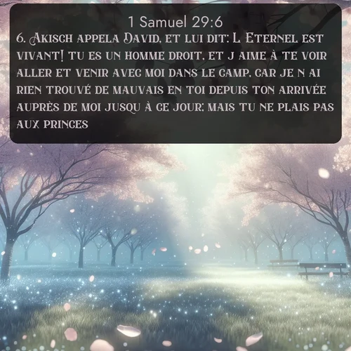 Segond 1 Samuel  ; image nature: image avec le verset biblique :Akisch appela David, et lui dit: L&#039;Eternel est vivant! tu es un homme droit, et j&#039;aime à te voir aller et venir avec moi dans le camp, car je n&#039;ai rien trouvé de mauvais en toi depuis ton arrivée auprès de moi jusqu&#039;à ce jour; mais tu ne plais pas aux princes. ;  ; 29:6