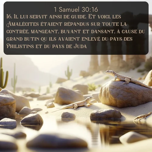 Segond 1 Samuel  ; image nature: image avec le verset biblique :Il lui servit ainsi de guide. Et voici, les Amalécites étaient répandus sur toute la contrée, mangeant, buvant et dansant, à cause du grand butin qu&#039;ils avaient enlevé du pays des Philistins et du pays de Juda. ;  ; 30:16
