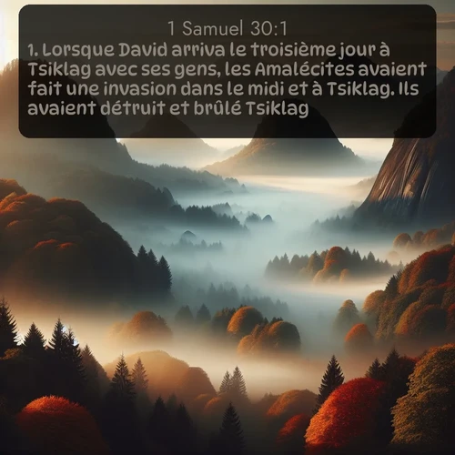 Segond 1 Samuel  ; image nature: image avec le verset biblique :Lorsque David arriva le troisième jour à Tsiklag avec ses gens, les Amalécites avaient fait une invasion dans le midi et à Tsiklag. Ils avaient détruit et brûlé Tsiklag, ;  ; 30:1