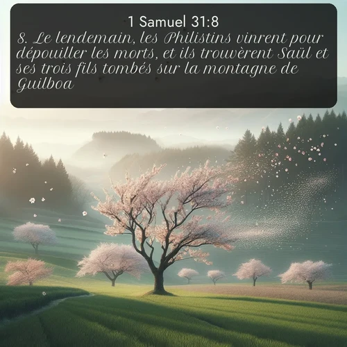 Segond 1 Samuel  ; image nature: image avec le verset biblique :Le lendemain, les Philistins vinrent pour dépouiller les morts, et ils trouvèrent Saül et ses trois fils tombés sur la montagne de Guilboa. ;  ; 31:8