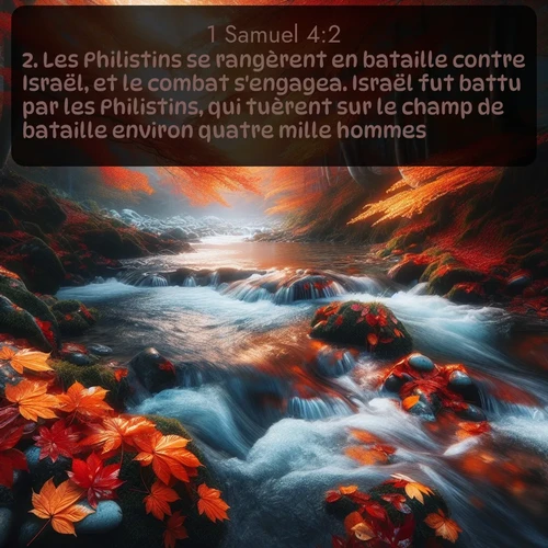 Segond 1 Samuel  ; image nature: image avec le verset biblique :Les Philistins se rangèrent en bataille contre Israël, et le combat s&#039;engagea. Israël fut battu par les Philistins, qui tuèrent sur le champ de bataille environ quatre mille hommes. ;  ; 4:2