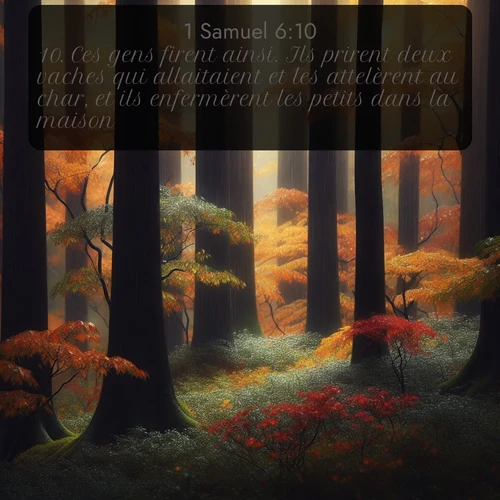 Segond 1 Samuel  ; image nature: image avec le verset biblique :Ces gens firent ainsi. Ils prirent deux vaches qui allaitaient et les attelèrent au char, et ils enfermèrent les petits dans la maison. ;  ; 6:10