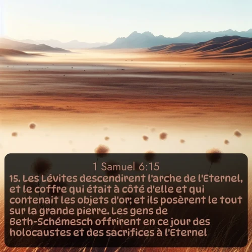 Segond 1 Samuel  ; image nature: image avec le verset biblique :Les Lévites descendirent l&#039;arche de l&#039;Eternel, et le coffre qui était à côté d&#039;elle et qui contenait les objets d&#039;or; et ils posèrent le tout sur la grande pierre. Les gens de Beth-Schémesch offrirent en ce jour des holocaustes et des sacrifices à l&#039;Eternel. ;  ; 6:15