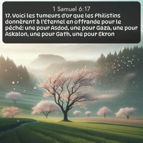 Segond 1 Samuel  ; image nature: image avec le verset biblique :Voici les tumeurs d&#039;or que les Philistins donnèrent à l&#039;Eternel en offrande pour le péché: une pour Asdod, une pour Gaza, une pour Askalon, une pour Gath, une pour Ekron. ;  ; 6:17