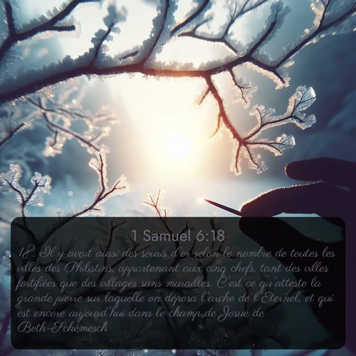 Segond 1 Samuel  ; image nature: image avec le verset biblique :Il y avait aussi des souris d&#039;or selon le nombre de toutes les villes des Philistins, appartenant aux cinq chefs, tant des villes fortifiées que des villages sans murailles. C&#039;est ce qu&#039;atteste la grande pierre sur laquelle on déposa l&#039;arche de l&#039;Eternel, et qui est encore aujourd&#039;hui dans le champ de Josué de Beth-Schémesch. ;  ; 6:18