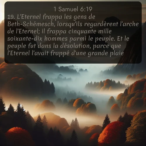 Segond 1 Samuel  ; image nature: image avec le verset biblique :L&#039;Eternel frappa les gens de Beth-Schémesch, lorsqu&#039;ils regardèrent l&#039;arche de l&#039;Eternel; il frappa cinquante mille soixante-dix hommes parmi le peuple. Et le peuple fut dans la désolation, parce que l&#039;Eternel l&#039;avait frappé d&#039;une grande plaie. ;  ; 6:19
