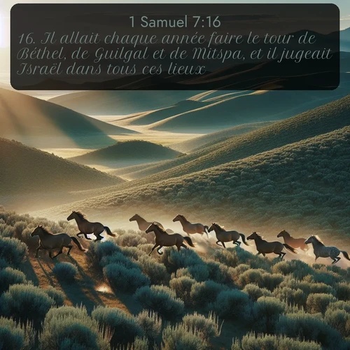 Segond 1 Samuel  ; image nature: image avec le verset biblique :Il allait chaque année faire le tour de Béthel, de Guilgal et de Mitspa, et il jugeait Israël dans tous ces lieux. ;  ; 7:16