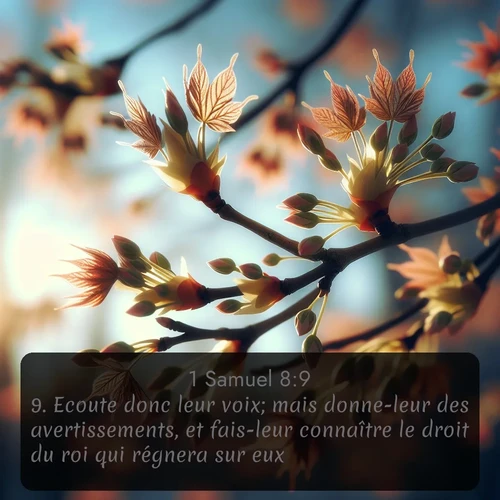 Segond 1 Samuel  ; image nature: image avec le verset biblique :Ecoute donc leur voix; mais donne-leur des avertissements, et fais-leur connaître le droit du roi qui régnera sur eux. ;  ; 8:9