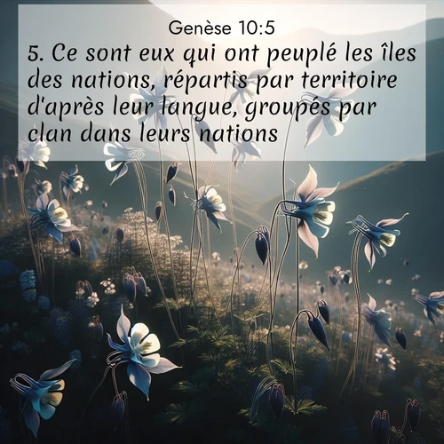 citation biblique : 5. Ce sont eux qui ont peuplé les îles des nations, répartis par territoire d&#039;après leur langue, groupés par clan dans leurs nations.
 sur fond image nature
