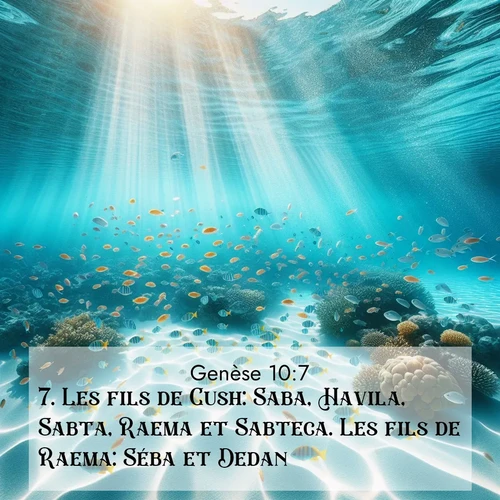 citation biblique : 7. Les fils de Cush: Saba, Havila, Sabta, Raema et Sabteca. Les fils de Raema: Séba et Dedan.
 sur fond image nature