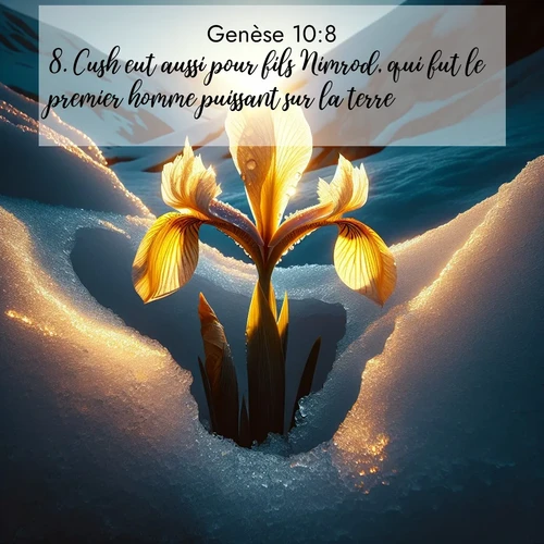 citation biblique : 8. Cush eut aussi pour fils Nimrod, qui fut le premier homme puissant sur la terre.
 sur fond image nature