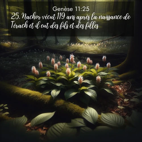 Segond21 Genèse  ; image nature: image avec le verset biblique :Nachor vécut 119 ans après la naissance de Térach et il eut des fils et des filles. ;  ; 11:25