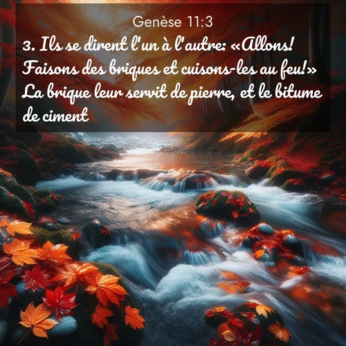 Segond21 Genèse  ; image nature: image avec le verset biblique :Ils se dirent l&#039;un à l&#039;autre: «Allons! Faisons des briques et cuisons-les au feu!» La brique leur servit de pierre, et le bitume de ciment. ;  ; 11:3