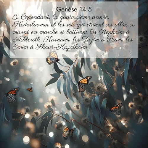 Segond21 Genèse  ; image nature: image avec le verset biblique :Cependant, la quatorzième année, Kedorlaomer et les rois qui étaient ses alliés se mirent en marche et battirent les Rephaïm à Ashteroth-Karnaïm, les Zuzim à Ham, les Emim à Shavé-Kirjathaïm ;  ; 14:5