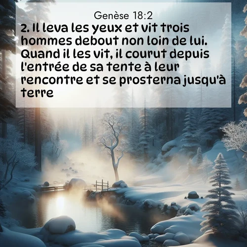 Segond21 Genèse  ; image nature: image avec le verset biblique :Il leva les yeux et vit trois hommes debout non loin de lui. Quand il les vit, il courut depuis l&#039;entrée de sa tente à leur rencontre et se prosterna jusqu&#039;à terre. ;  ; 18:2