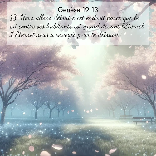 citation biblique : 13. Nous allons détruire cet endroit parce que le cri contre ses habitants est grand devant l&#039;Eternel. L&#039;Eternel nous a envoyés pour le détruire.»
 sur fond image nature