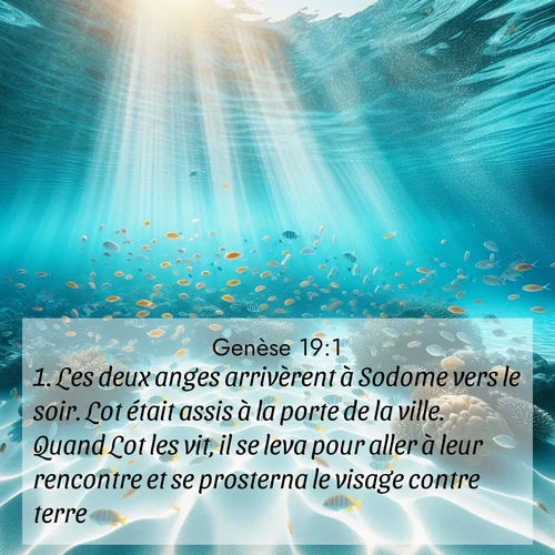citation biblique : 1. Les deux anges arrivèrent à Sodome vers le soir. Lot était assis à la porte de la ville. Quand Lot les vit, il se leva pour aller à leur rencontre et se prosterna le visage contre terre.
 sur fond image nature