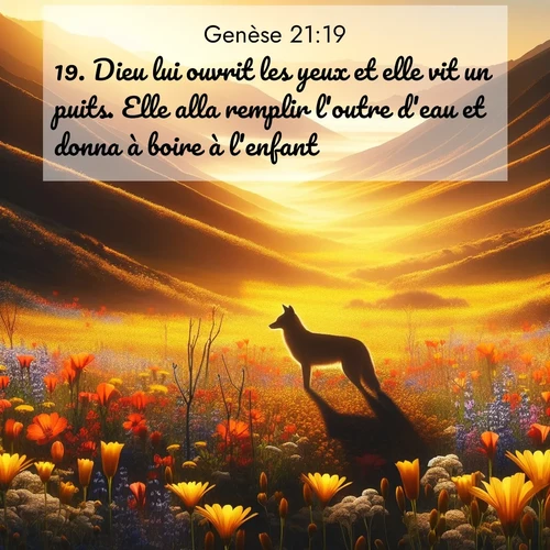 Segond21 Genèse  ; image nature: image avec le verset biblique :Dieu lui ouvrit les yeux et elle vit un puits. Elle alla remplir l&#039;outre d&#039;eau et donna à boire à l&#039;enfant. ;  ; 21:19