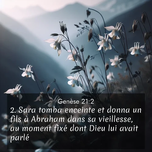Segond21 Genèse  ; image nature: image avec le verset biblique :Sara tomba enceinte et donna un fils à Abraham dans sa vieillesse, au moment fixé dont Dieu lui avait parlé. ;  ; 21:2