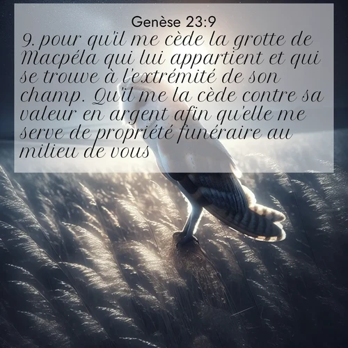 citation biblique : 9. pour qu&#039;il me cède la grotte de Macpéla qui lui appartient et qui se trouve à l&#039;extrémité de son champ. Qu&#039;il me la cède contre sa valeur en argent afin qu&#039;elle me serve de propriété funéraire au milieu de vous.»
 sur fond image nature