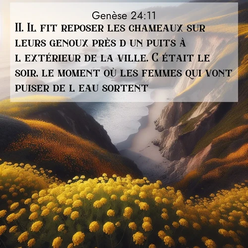 Segond21 Genèse  ; image nature: image avec le verset biblique :Il fit reposer les chameaux sur leurs genoux près d&#039;un puits à l&#039;extérieur de la ville. C&#039;était le soir, le moment où les femmes qui vont puiser de l&#039;eau sortent. ;  ; 24:11