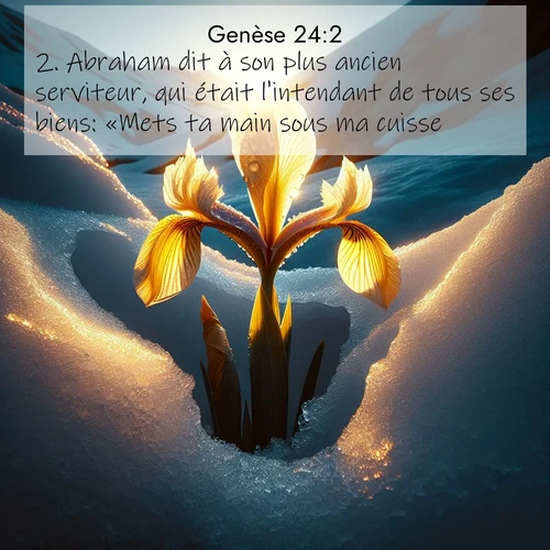 Segond21 Genèse  ; image nature: image avec le verset biblique :Abraham dit à son plus ancien serviteur, qui était l&#039;intendant de tous ses biens: «Mets ta main sous ma cuisse ;  ; 24:2