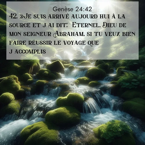 Segond21 Genèse  ; image nature: image avec le verset biblique :»Je suis arrivé aujourd&#039;hui à la source et j&#039;ai dit: &#039;Eternel, Dieu de mon seigneur Abraham, si tu veux bien faire réussir le voyage que j&#039;accomplis, ;  ; 24:42