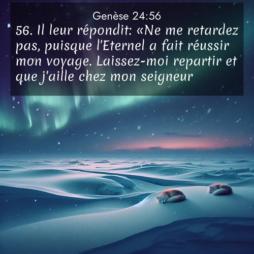 Segond21 Genèse  ; image nature: image avec le verset biblique :Il leur répondit: «Ne me retardez pas, puisque l&#039;Eternel a fait réussir mon voyage. Laissez-moi repartir et que j&#039;aille chez mon seigneur.» ;  ; 24:56